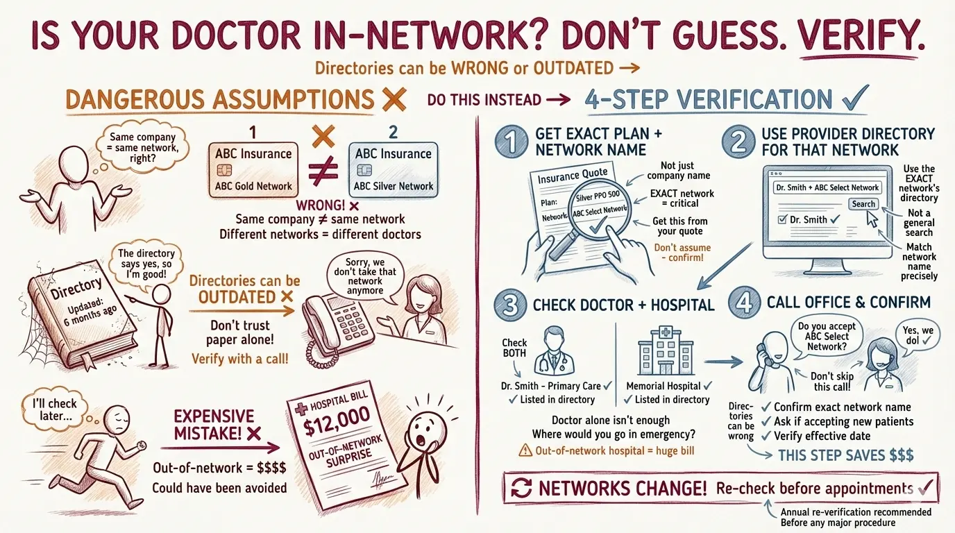 Hand-drawn infographic guide comparing common mistakes vs. a 4-step verification process for confirming in-network doctors on Texas Family Health Insurance Plans.
