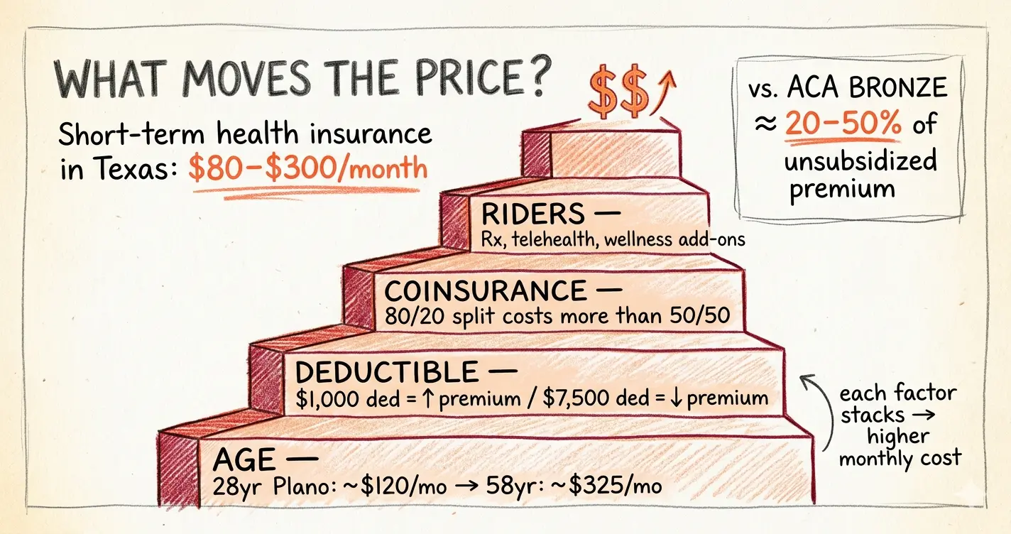 Short term health insurance Texas cost drivers staircase infographic showing age, deductible, coinsurance, and riders