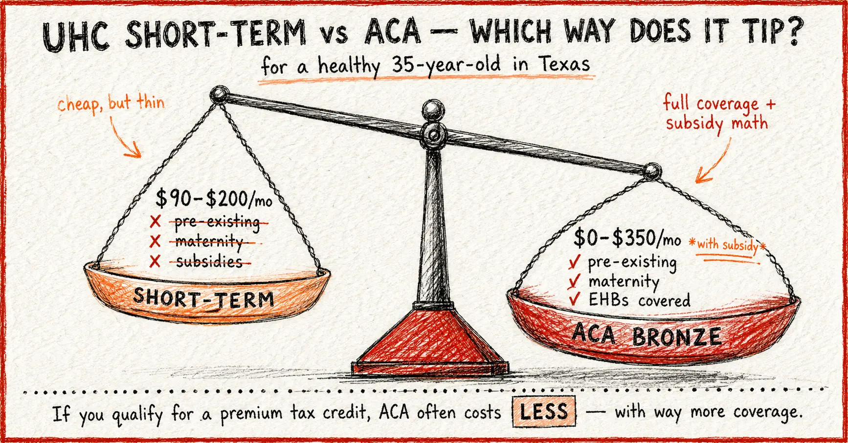 Balance scale comparing united healthcare short term health insurance vs ACA Bronze plan costs