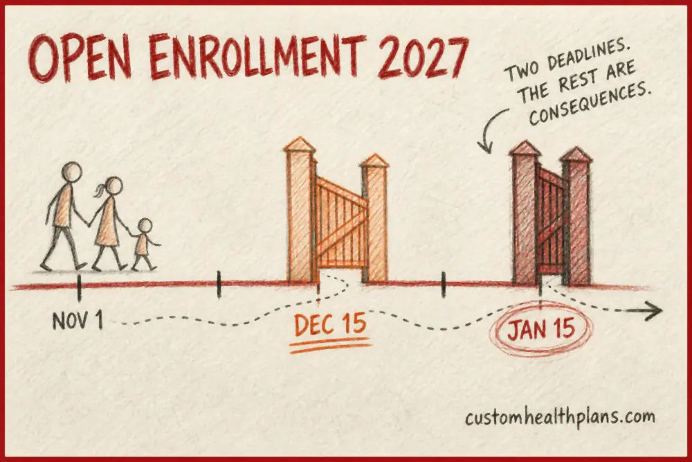 Hand drawn timeline showing when is open enrollment for health insurance 2027 opens on November 1 and the gates closing on December 15 and January 15