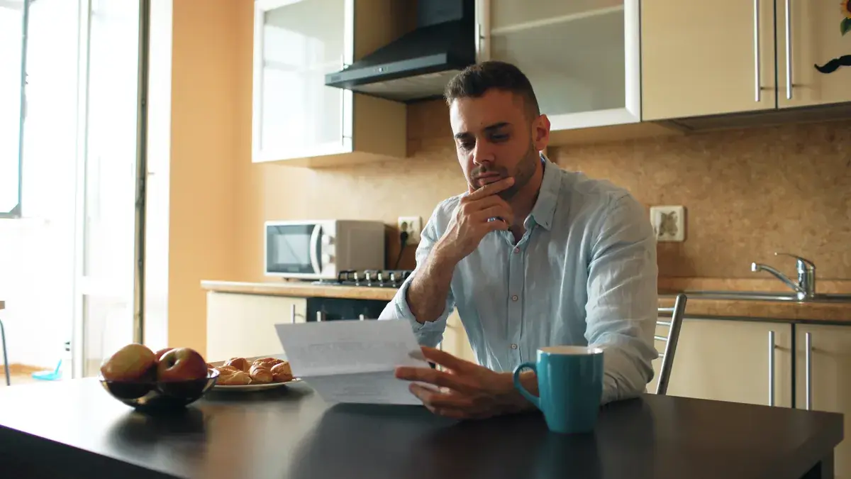 Man reading a health insurance renewal letter at his kitchen table before open enrollment ends