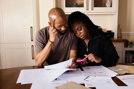 Texas couple reviewing bills at the kitchen table, asking is health insurance cheaper during open enrollment