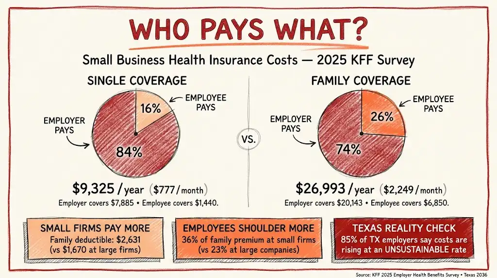 Infographic showing 2025 health insurance plans for small business costs, employer vs employee share, single & family